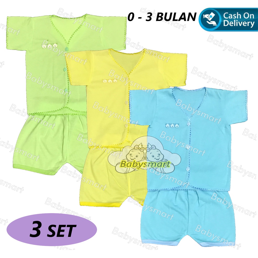 Babysmart - 3 SET Setelan Baju Bayi Pendek+Celana Pendek Polos WARNA umur 0-3 bulan/baju anak laki-laki/perempuan BOY/GIRL