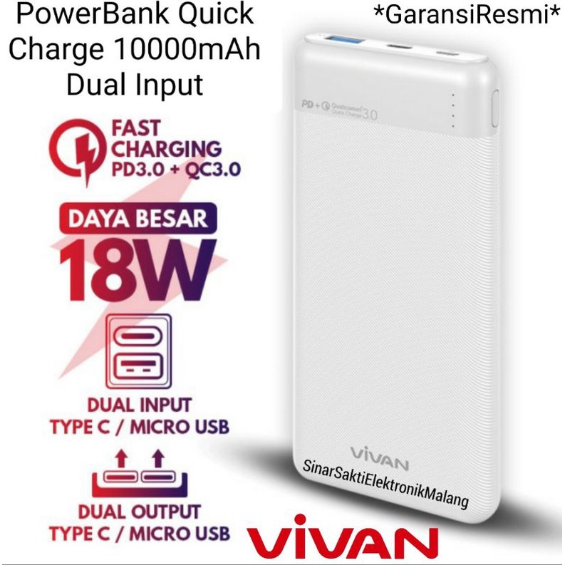 Vivan Powerbank Power Bank 10000 mAh Fast Charging 3.0 Type C 2 Output Quick Charge 18 Watt 10000mah