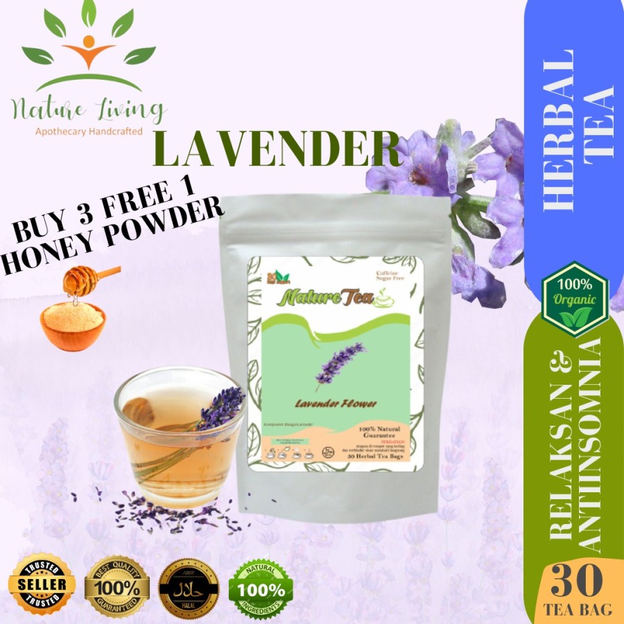 

Premium Teh Celup Lavender (Lavender Tea Herbal) isi 30 tea bag (kantong teh) - Teh menenangkan suasana hati, membantu tidur rileks (anti insomnia), menyehatkan kulit, antiseptik- Nature Tea by Nature Living