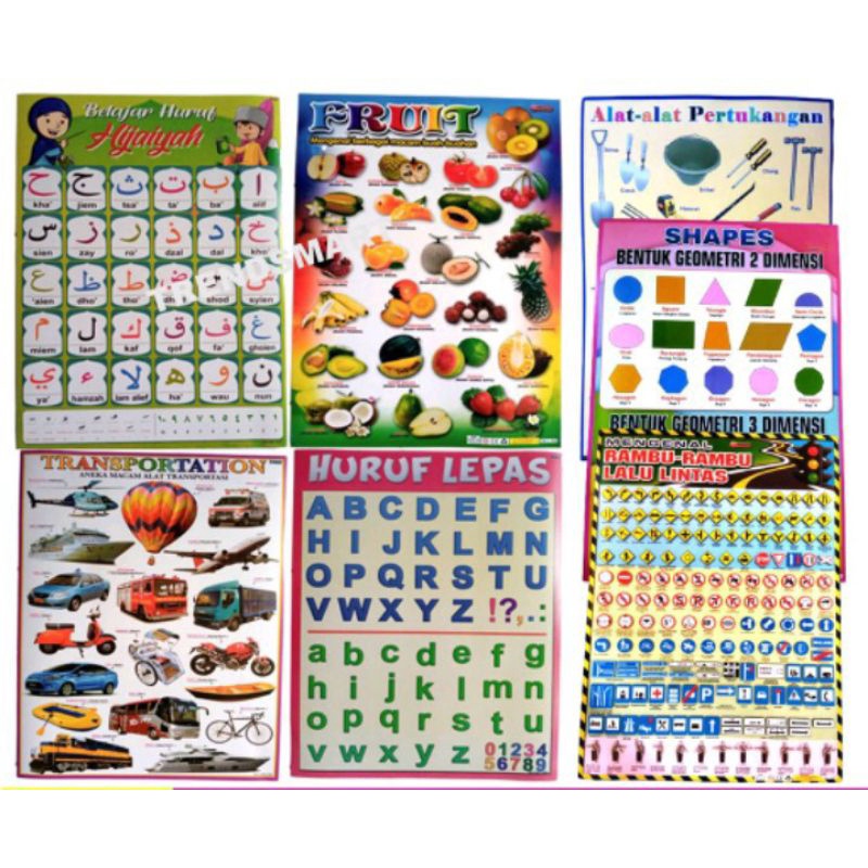 paket hemat 10 pcs 10 lembar 10 macam gambar poster anak pintar belajar poster dinding