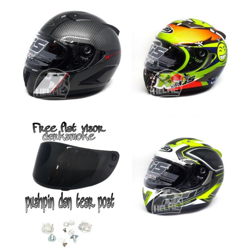 Helm NJS Shadow corak motif carbon smile free visor darksmoke dan pushpin tear post