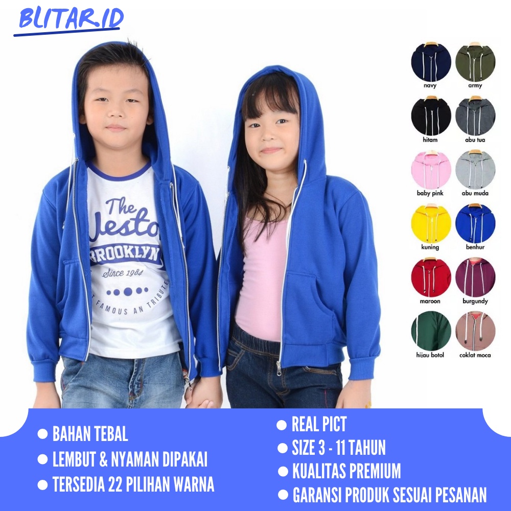 JAKET HUDIE ZIPPER ANAK POLOS LAKI LAKI LAKI2 PEREMPUAN COWOK CEWEK KECIL BERESLETING WARNA BIRU BEN