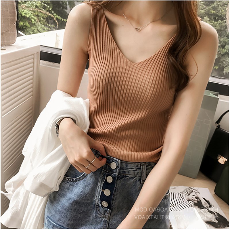 TankTop Wanita Polos Bahan Rajut Tengtop-Coklat