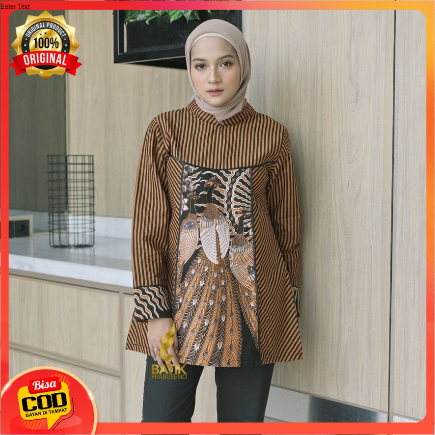BLOUSE MOTIF MERAK SOGAN ATASAN BATIK WANITA LENGAN PANJANG KATUN PRINTING BATIK PRABUSENO ORIGINAL