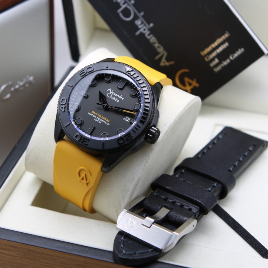 Jam Tangan Alexandre Christie AC 3042 / AC3042 Automatic Yellow Black Original