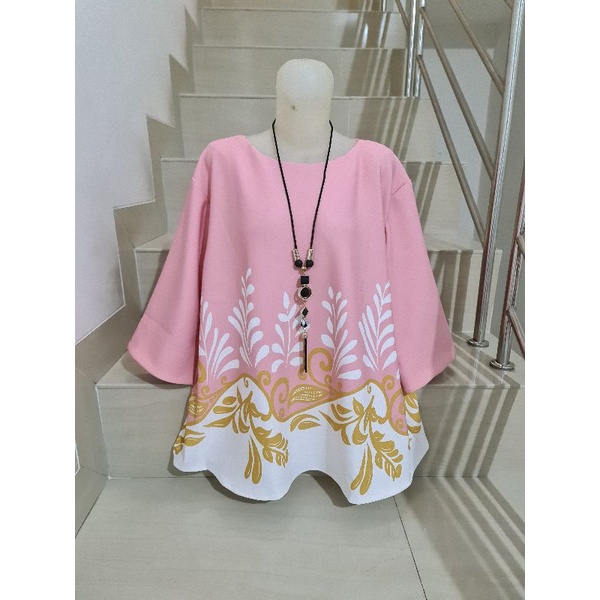 Blouse Scuba Premium Import Jumbo 2XL-3XL-Motif Daun - Pink