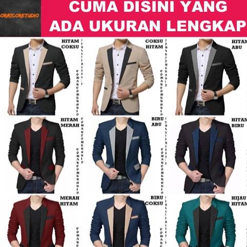 19 Warna Jas Blazer Pria Cowok Laki Polos Kantor Kerja Saku Hitam Abu Biru Merah Hijau Coklat Susu