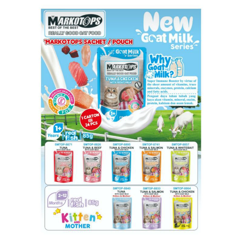 MARKOTOPS POUCH 85Gr Sachet Goat Milk Series / Makanan Cair Kucing Segala Usia dengan Susu Kambing