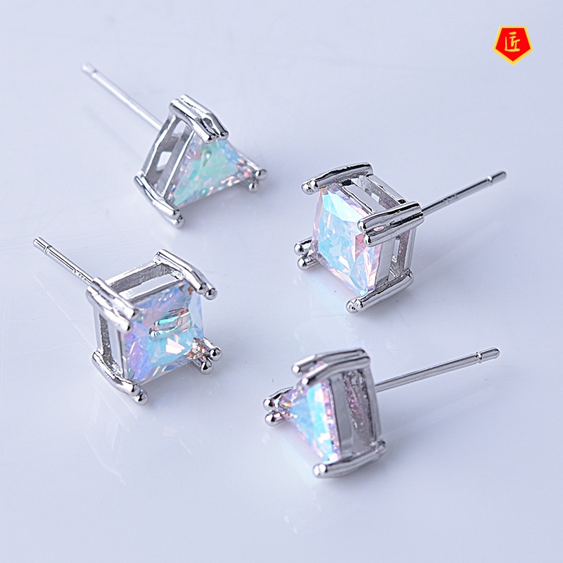 [Ready Stock]Simple Colorful Square Gem Four-Claw Stud Earrings