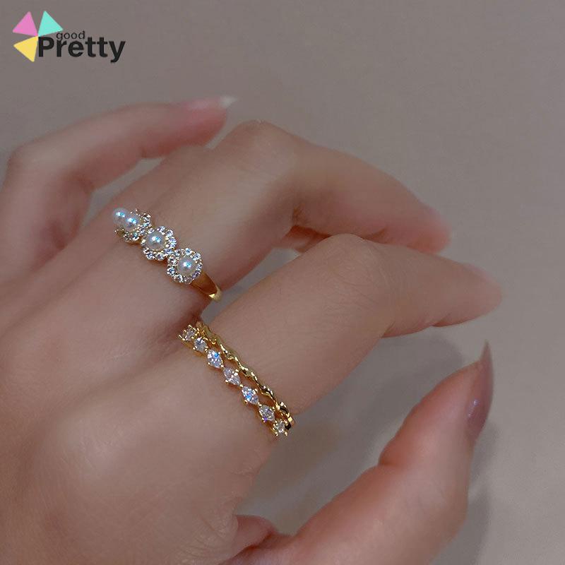 Double-layer Retro Pearl Diamond Ring Niche Light Desain Mewah Cincin Dapat Disesuaikan Terbuka - PD