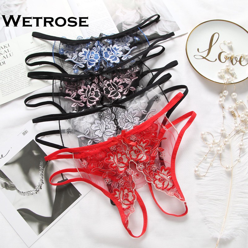 【Wetrose】 Celana Dalam Thong Bahan Lace Desain Bordir Gaya Sexy Erotis Menarik Untuk Wanita