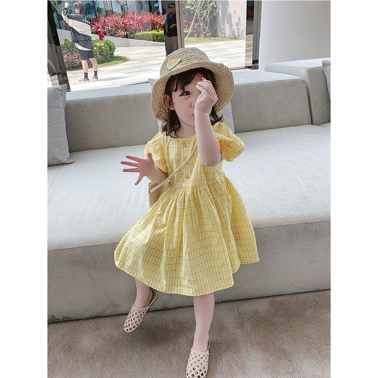 Dress Anak Perempuan Kuning Kotak Lengan Balon