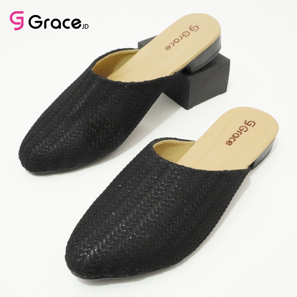 GRACE [AULIA] Sandal Selop Lancip wanita/Sandal Slop Cewek Bahan Rajut Dixie-HITAM