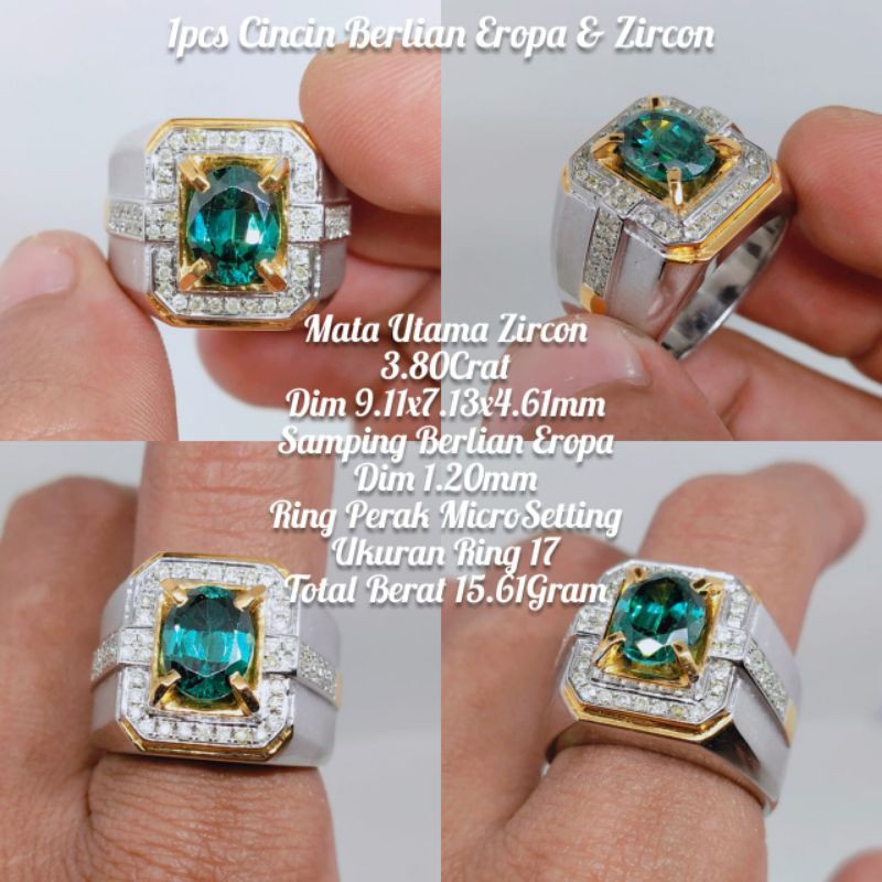 batu cincin perak berlian eropa mata hijau zircone keliling diamond asli bkn akik bacan wulung ruby