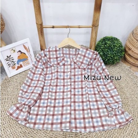BLOUSE MIZU TARTAN / BLOUSE TARTAN KOREAN STYLE / BLOUSE KOTAK KOTAK KERAH REMPEL-MIZU NEW MAROON