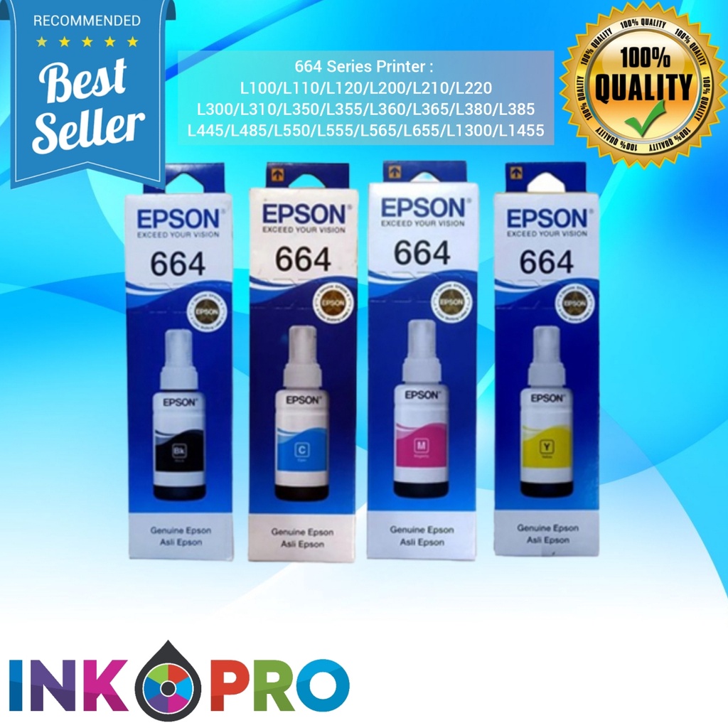 Tinta Epson 664 1Set PREMIUM Untuk Printer Series L100 L110 L111L 120,L130,L132,L200,L210,L211,L220,L222,L300,L301,L310,L350,L351,L353,L355,L356,L358,L360,L362,L365,L366,L375,L455,L456,L475,L550,L551,L555,L556,L558,L565,L575,L566,L655,L800,L805,L810,L850,