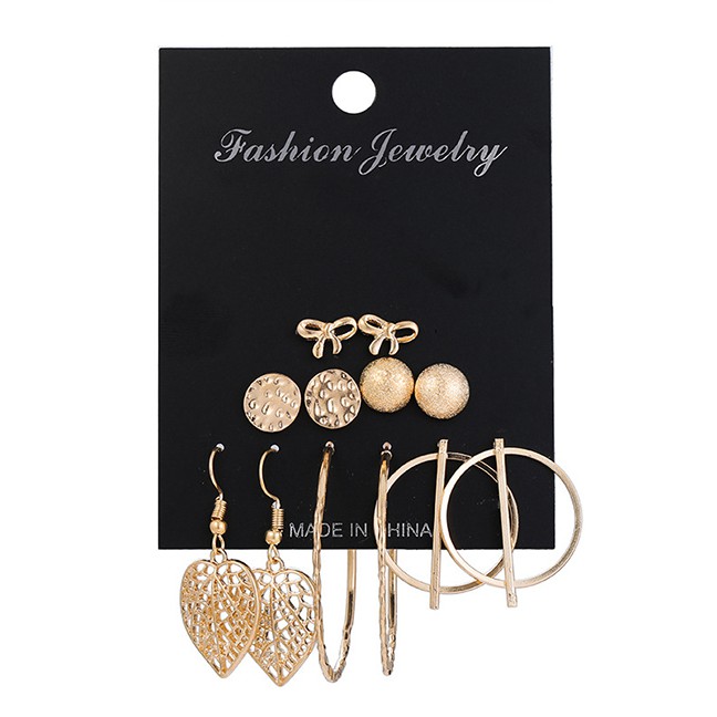 LRC Anting Set Fashion Gold Pearl Leaf Geometric Earring Set F88400