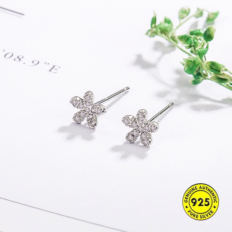 Anting Tusuk Sterling Silver 925 Desain Bunga Hias Berlian Imitasi Untuk Wanita