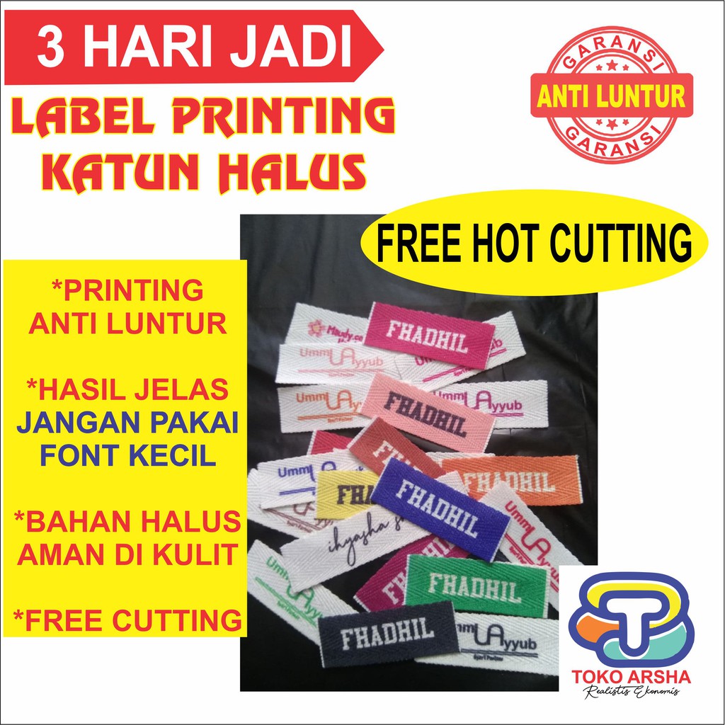 

PRINTING LABEL HIJAB // LABEL BAJU // LABEL WOVEN Damask Subtitute Bahan Katun (isi 100 pcs)