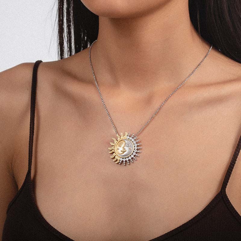 SIY  Two Tone Yellow Gold Solid Reversible Sun Moon Pendant Charm Necklace