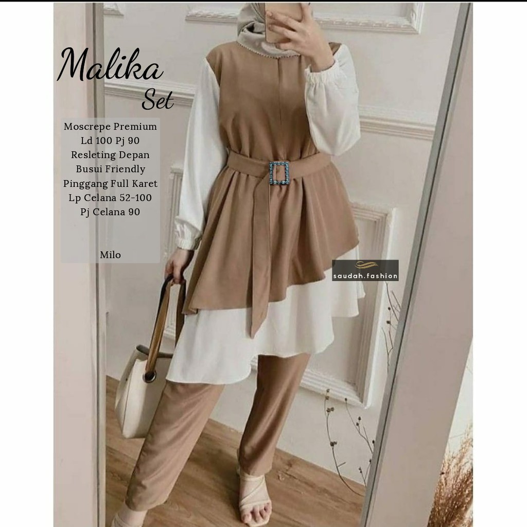 MALIKA SET ORI BAHAN MOSCREPE PREMIUM / SETELAN TUNIK DAN CELANA / SETELAN BAJU WANITA TERBARU