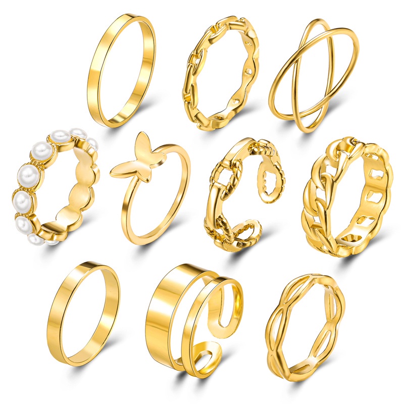 Fancyqube 10pcs / Set Cincin Rantai Emas Geometris Gaya Hip Hop Punk Untuk Wanita