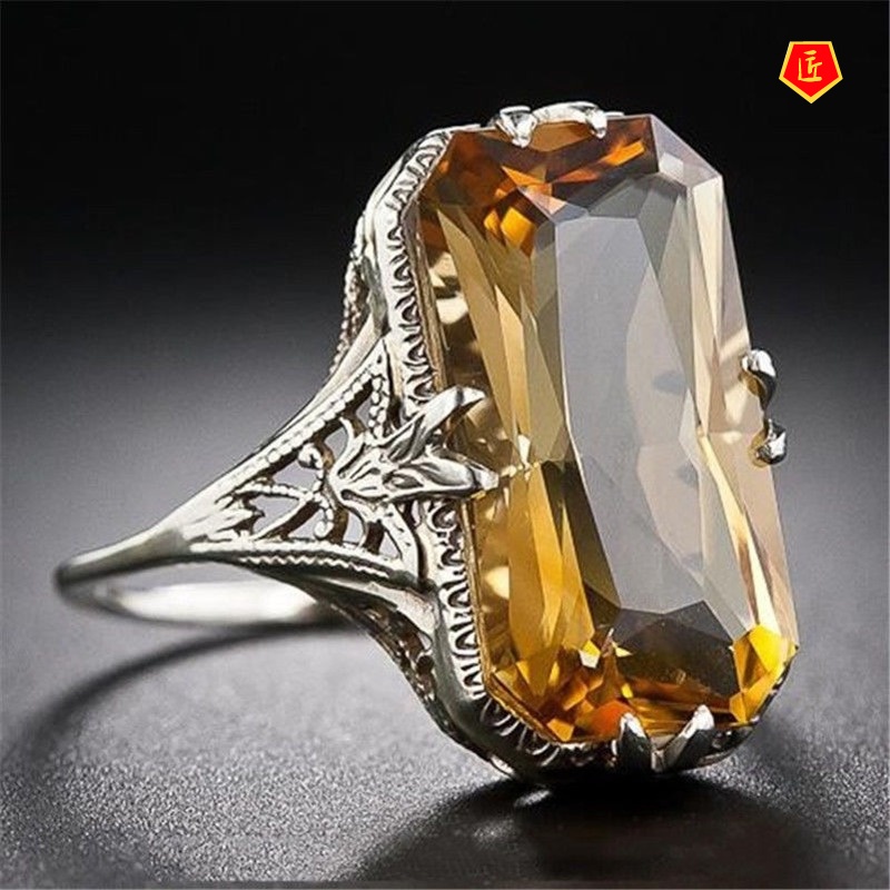 [Ready Stock]Citrine Hollow Carved Ring Fashion Exaggerated