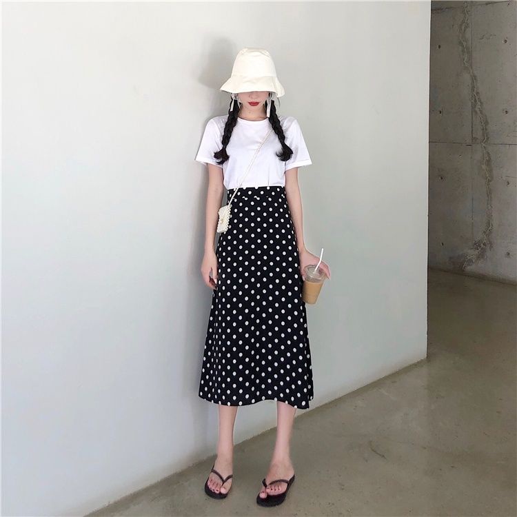 Rok Putih Chiffon Polkadot/midi Skirt Rok Korean Style