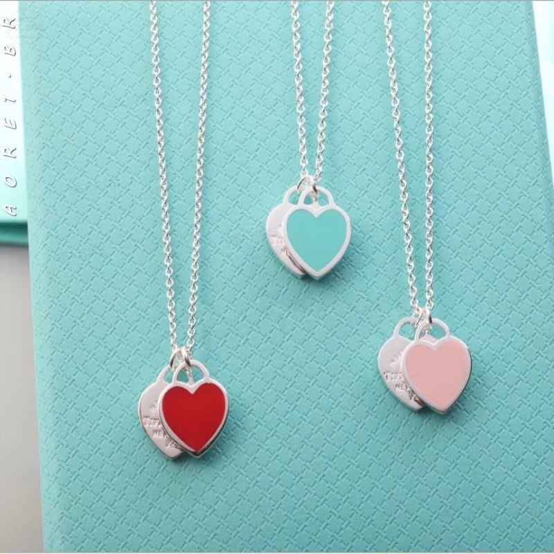 Kalung Silver Enamel Bentuk Hati Ganda Warna Merah Biru Pink Untuk Wanita