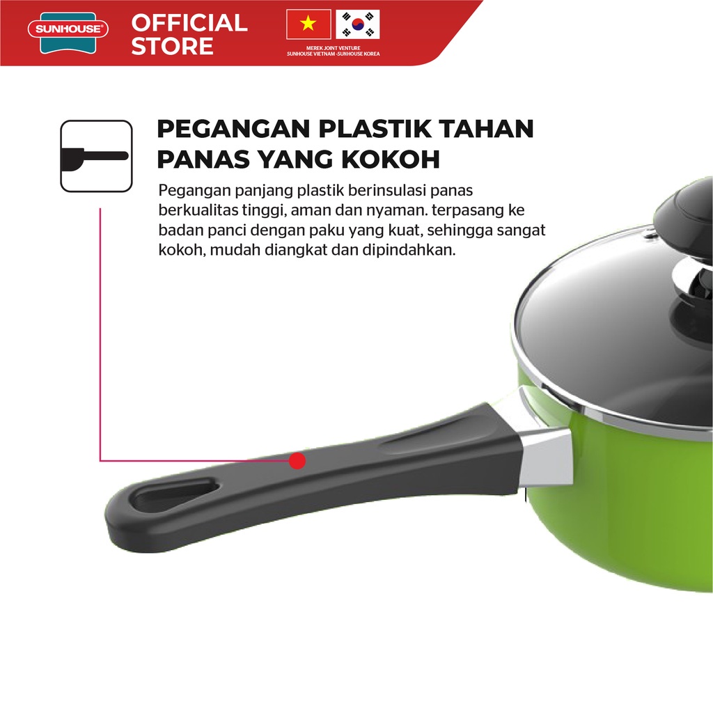 Sunhouse panci saucepan+ tutup kaca anti lengket hijau 14cm (shg-mp14) 1pcs