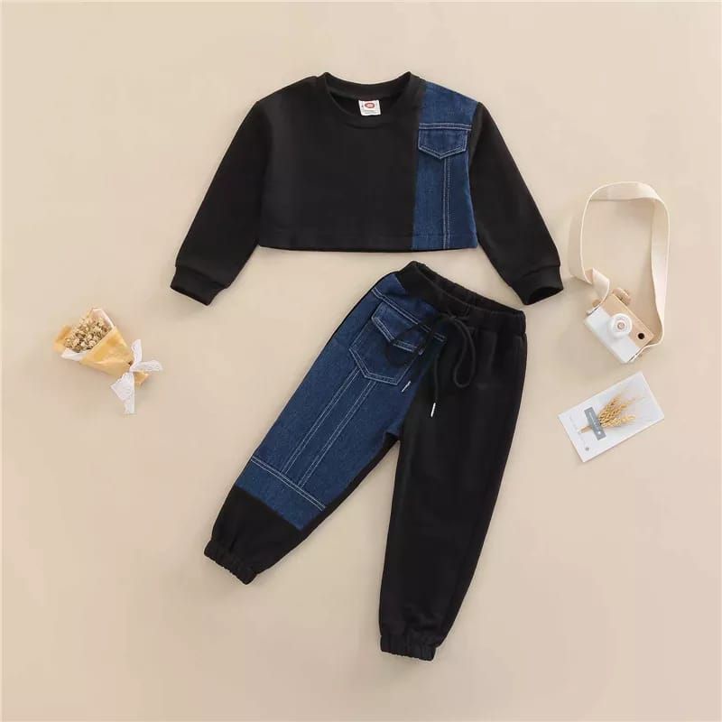 baju untuk fashion show anak perempuan crop top warna hitam denim import preorder