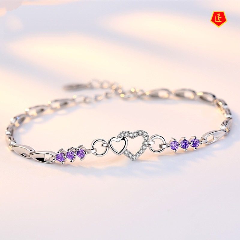 [Ready Stock]Creative Heart-Shaped Amethyst 925 Silver Bracelet