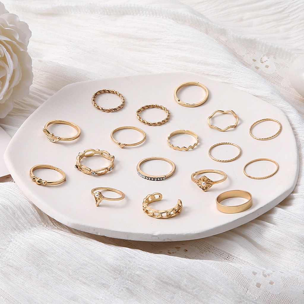 Hu Hu Hu Hu Hu Alat Bantu Pasang Kacamata♡ 17pcs Cincin Knuckle Hias Mutiara Berlian Imitasi Gaya Vintage Untuk Wanita