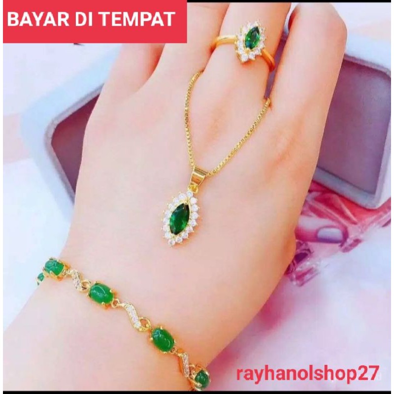 SET PERHIASAN WANITA TITANIUM MOTIF BATU PERMATA MEWAH LAPIS EMAS 24 K