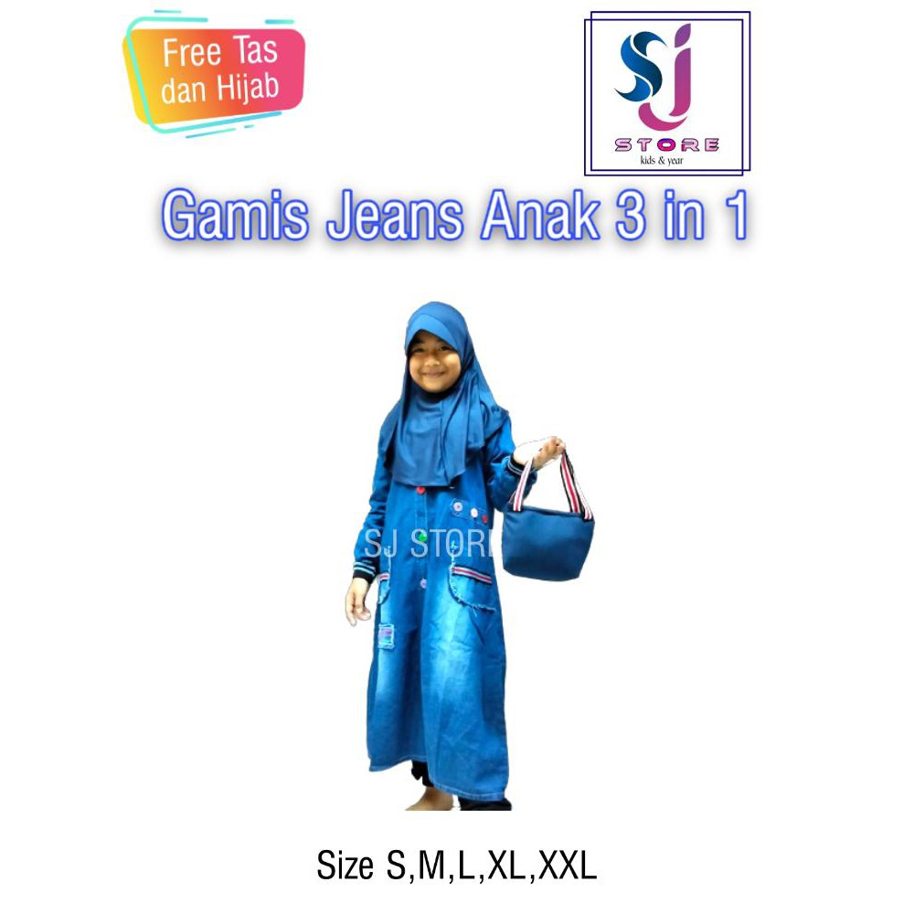 Baju Gamis Jeans Anak Perempuan / Pakaian Muslim Anak Perempuan 3in1 4 Sampai 11 Tahun