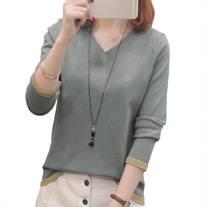 jaket wanita Okechuku VINIE Sweater Wanita Sweater Rajut Korea Sweater Leher V Neck - Navy terlaris 