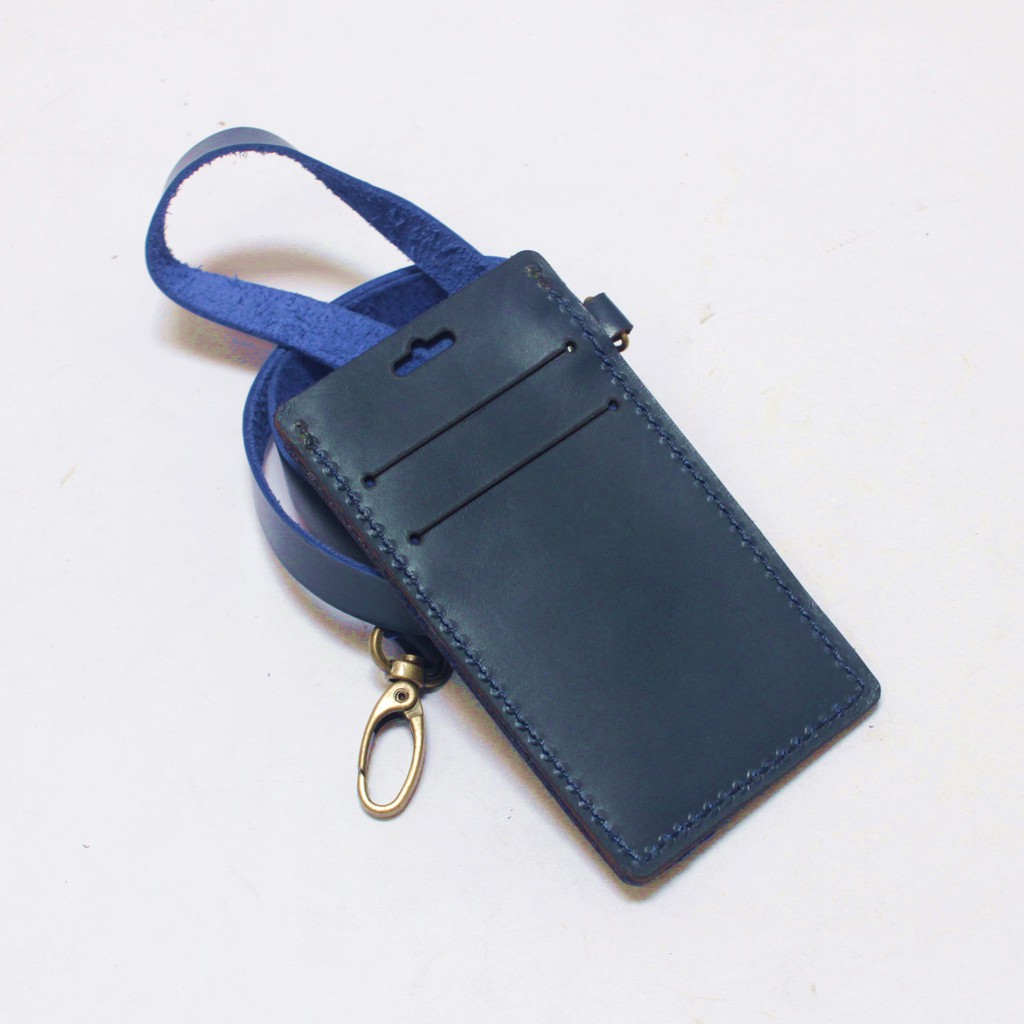 gantungan dompet ID card kulit biru - tali id card holder - PHID823