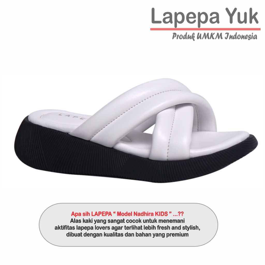 LAPEPA YUK - Sandal Platform Anak Perempuan Usia 2 sampai 10 Tahun NADHIRA KIDS Sendal Anak cewek Wedges Wanita Empuk Model Silang Warna WHITE Putih Strap adek kakak cewe Slop Usia Umur 3 4 5 6 7 8 9 thn Tahun Premium Ori Original Mall Official Store