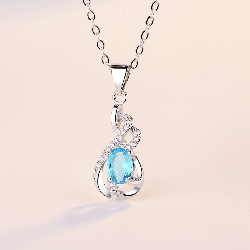 [Ready Stock]Fashion New Simple Sky Blue Crystal Necklace Heart-Shaped Pendant