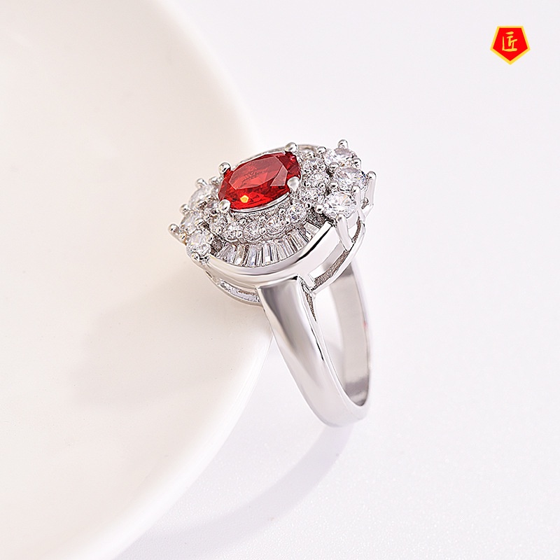 [Ready Stock]Luxury Fashion Inlaid Ruby Ladder Square Diamond Ring