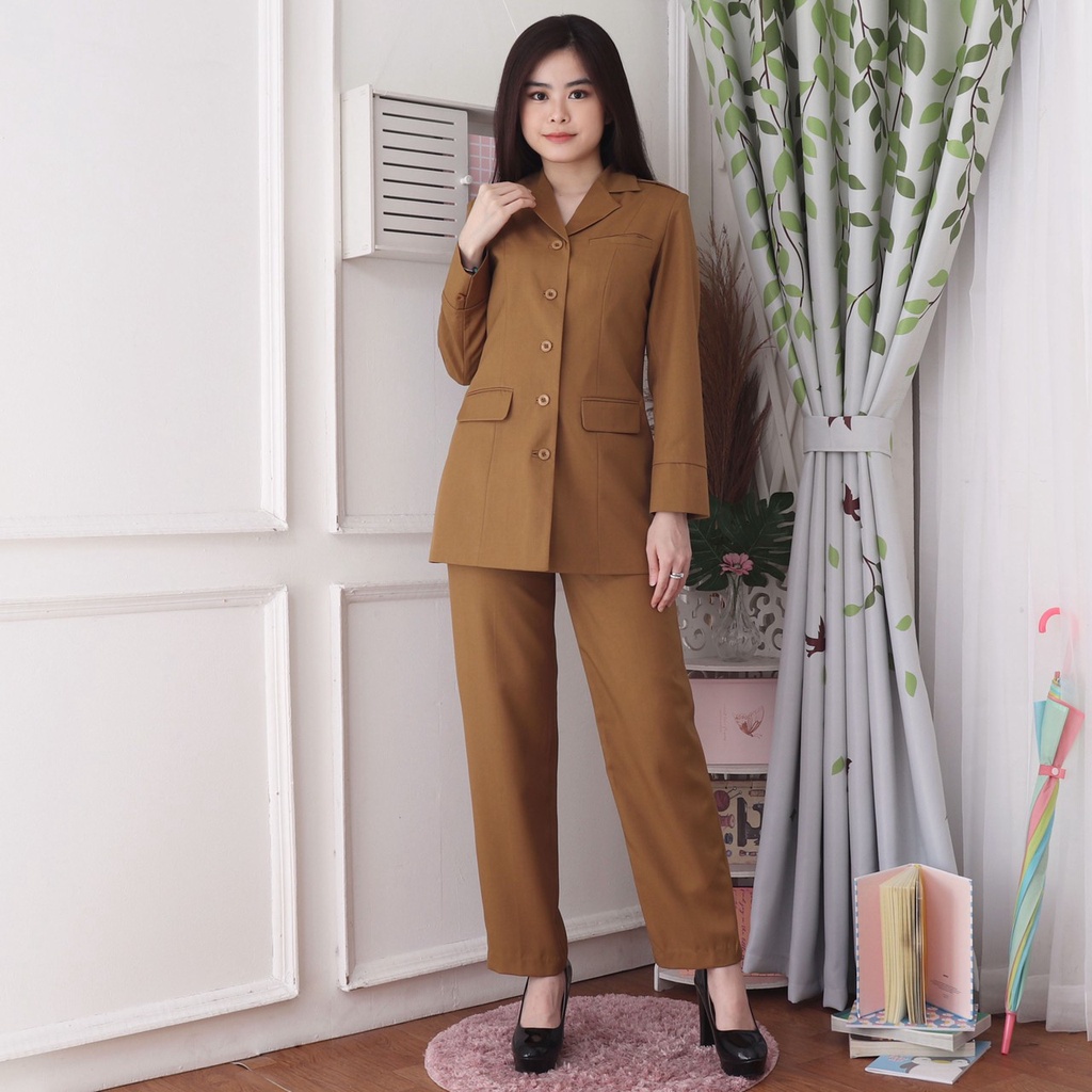 B&V Blazer PNS ASN Seragam PNS Pemda Baju Dinas Setelan Jas PDH Wanita - 7009 Khaki Tua