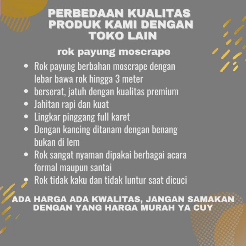 ROK PAYUNG REMAJA - DEWASA BAHAN MOSCRAPE JUMBO GRADE A HITAM ABU ABU NAVY LAVENDER ARMY MAROON MILO