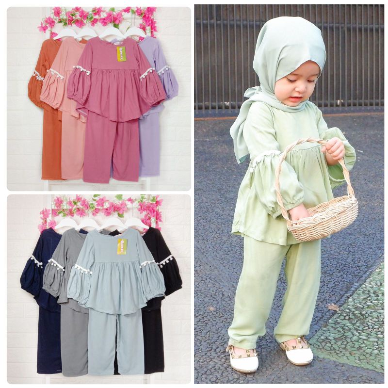 pilih warna Setelan Anak Perempaun Rayon Premium LILIANA Pompom Polos Setelan Anak Perempuan 1-4 Tahun by Beuzee