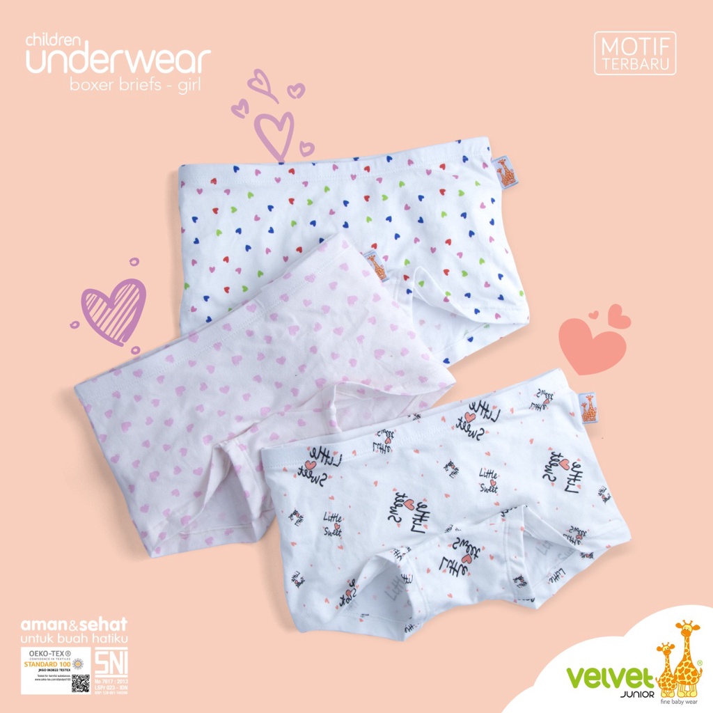 [PROMO BUY 1 GET 1] Velvet Junior Underwear Girl Boxer Briefs Celana Dalam Boxer Anak Perempuan Isi 3pcs