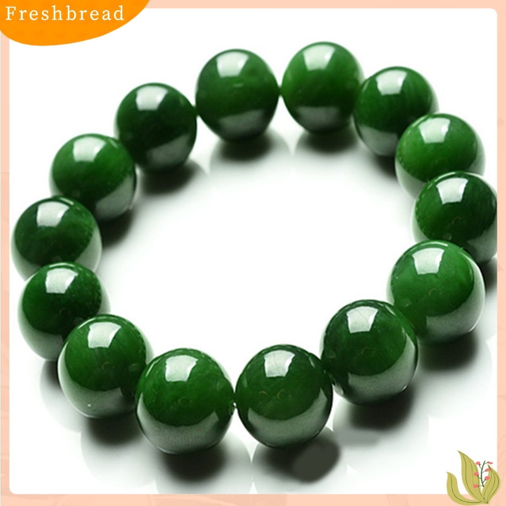 ?Fresh?? Gelang Tangan Unisex Manik Giok Imitasi Bulat Hijau Tua Elastis 10mm