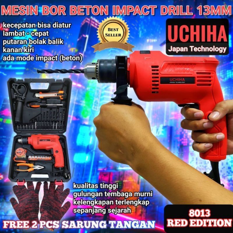 BOR UCHIHA type 8013 impact drill 13mm bor tembok besi kayu FULLSET koper japan Import
