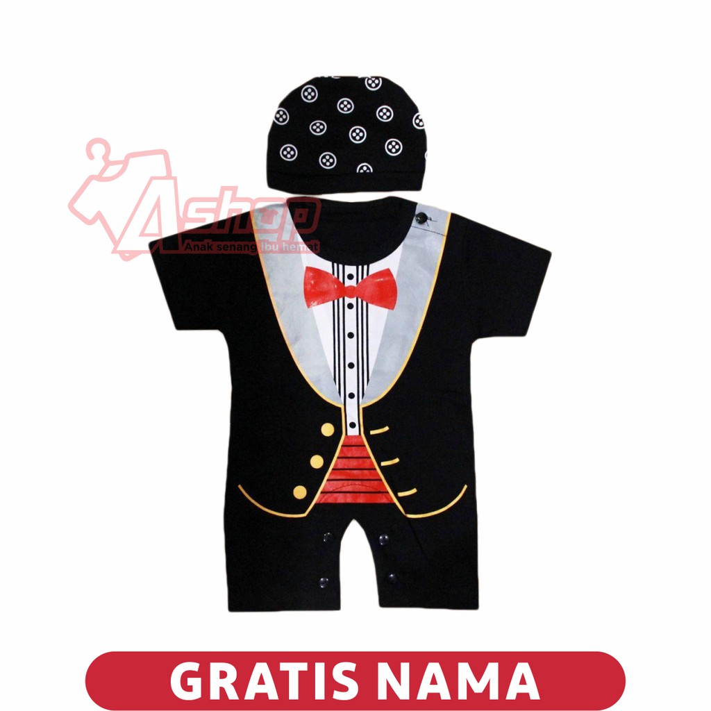 Jumpsuit Bayi Motif Tuxedo Plus Topi