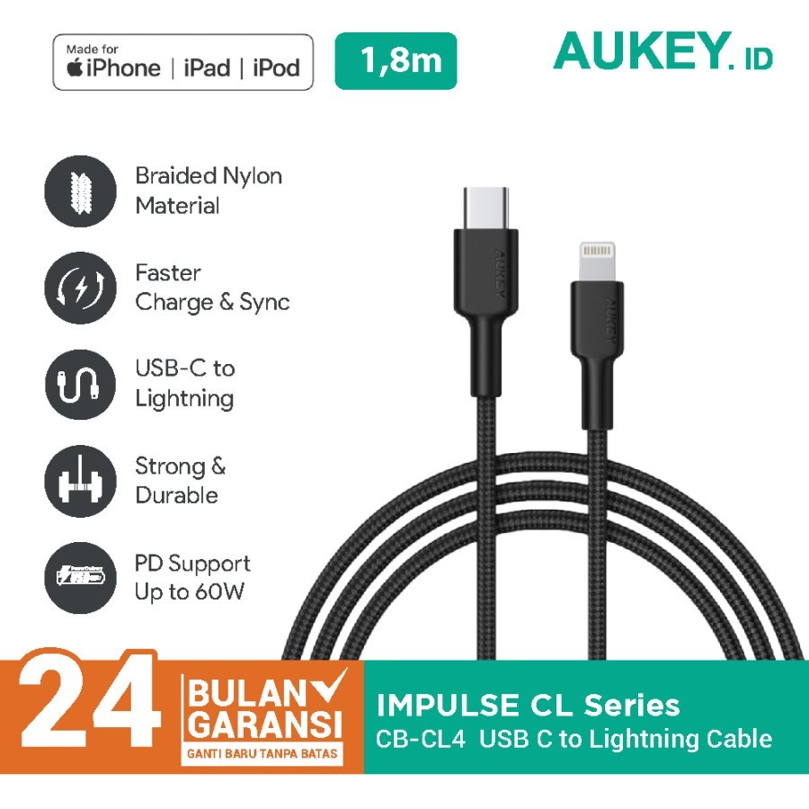 Aukey Cable CB-CL4 Black 1.8M MFI USB C to Lightning Braided - 500821