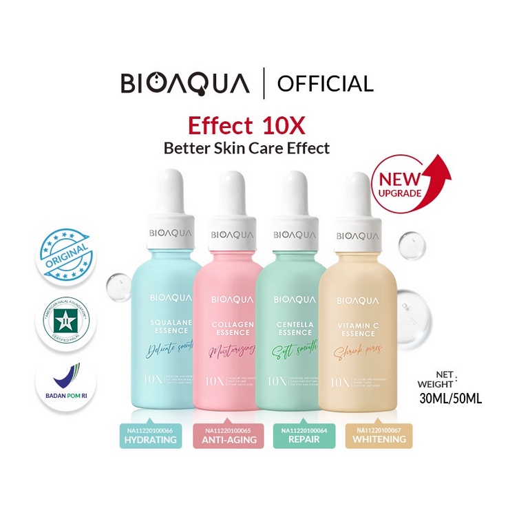 BIOAQUA (essence) effect 10x wonder murah bpom mencerahkan pelembab mengatasi bekas jerawat beruntusan pelembab serum toner hydrating collagen squalance vitamin c collagen centella anti aging dry skin oily kering berminyak penuaan dini tua bagus viral