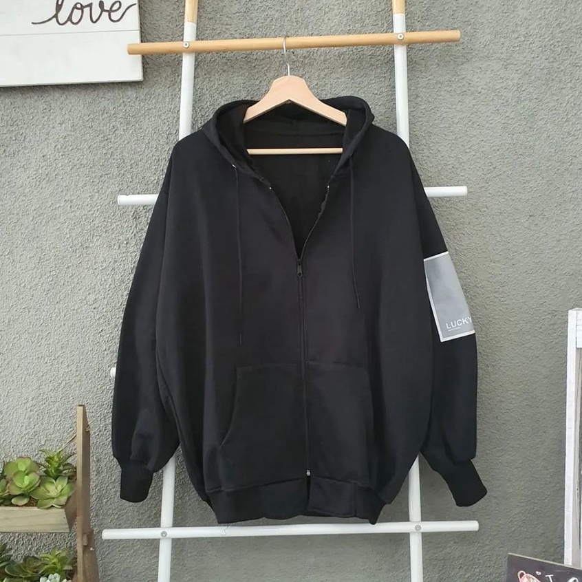 Luckyy Five Hoodie Pria Wanita Jackettt Hitam Oversize Vintage